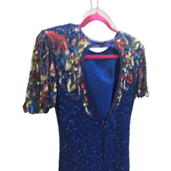 Vintage Swee Lo Royal Blue Sequin Beaded Silk Dress | XS/Small | 80s Cocktail Go - Picture 6 of 10